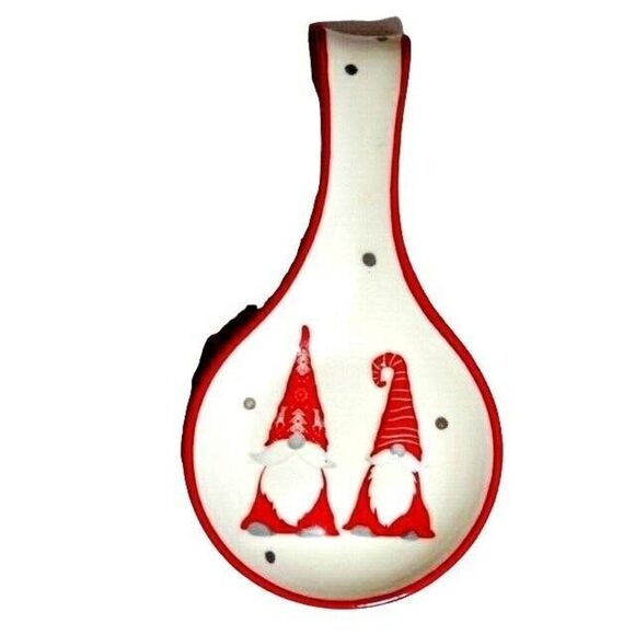 Gnome Holiday Yule Tidings Ceramic Spoon Rest Winter Kitchen 9.4-inch Red White - Picture 1 of 3